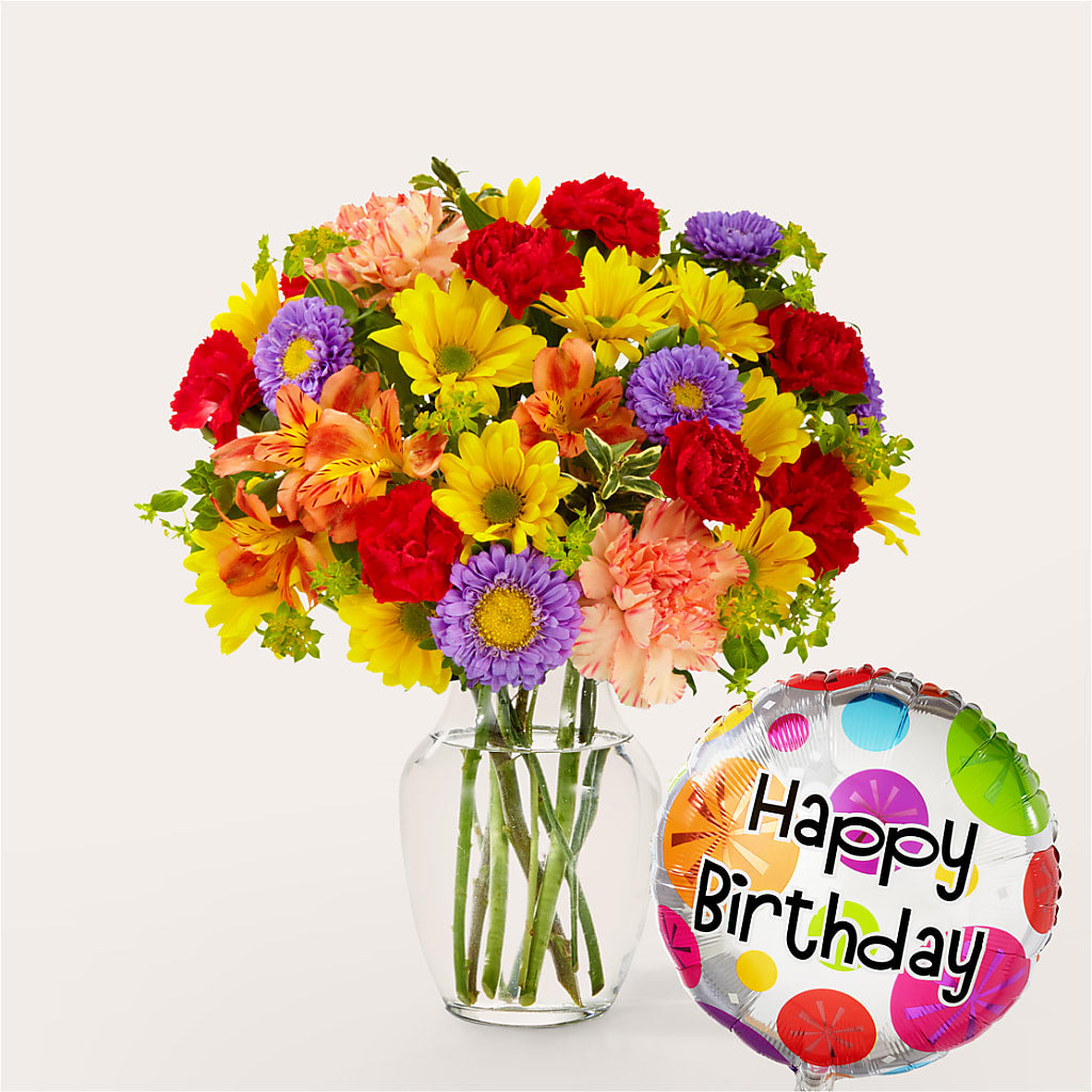 Kaleidoscope Bouquet with Birthday Balloon – FLOWER'S SMILING DESIGNS, Manchester NJ